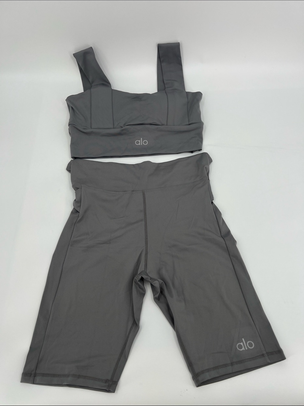ALO Yoga Gray Bike Shorts Set with Crop Top Built in Bra